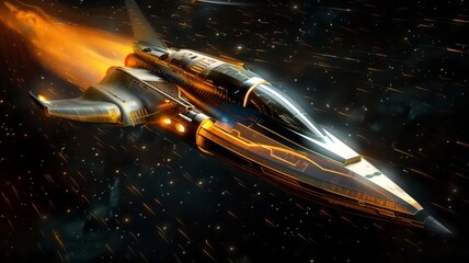 A futuristic spaceship shuttle with a high-tech design flying through the vast expanse of space