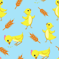 Cheerful chickens and ears of wheat on a blue background. Seamless pattern for wallpaper, fabric, wrapping paper.
