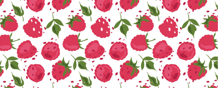Abstract raspberry pattern in flat style. Fresh, delicious berry seamless pattern. Vector background. Summer freshness for health. For background, juice, ice cream or fabric.