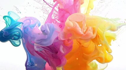A burst of vibrant paint explodes against a white background, creating a colorful and abstract design.