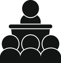 Political leader is giving a speech from a tribune to a group of supporters