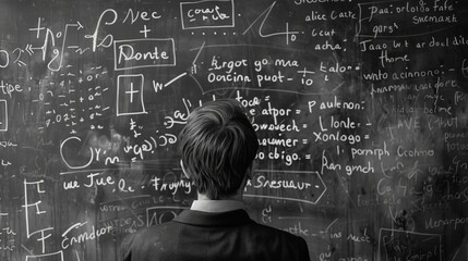 A young individual intently examines a blackboard brimming with intricate formulas and scientific text, representing a commitment to understanding complex theoretical concepts.