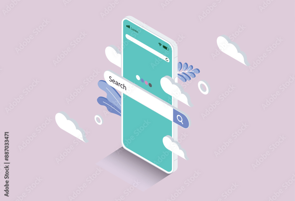 Poster online internet search engine on mobile phone - isometric smartphone with search bar popping out of 