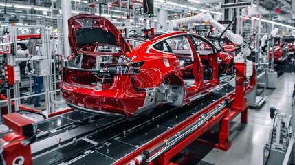 Electric car manufacturing at an advanced factory. Robots assist in assembling vehicles, including battery installation.