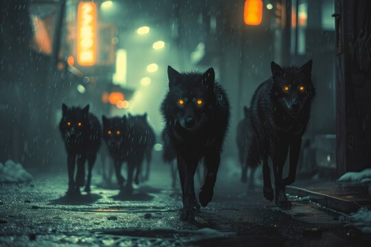 Black Wolves With Glowing Eyes Roam Through Deserted City Streets At Night
