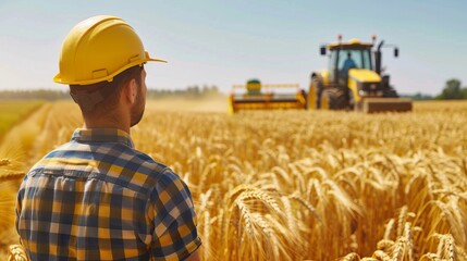 A worker in a yellow safety helmet and plaid shirt surveys a wheat field, monitor machinery operations, capturing agricultural diligence and modern farming techniques.