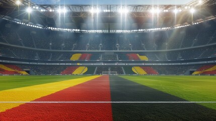 Empty soccer stadium with spotlights and German flag seats. 3D render. German football team. Live sport events, tournament, championship, game