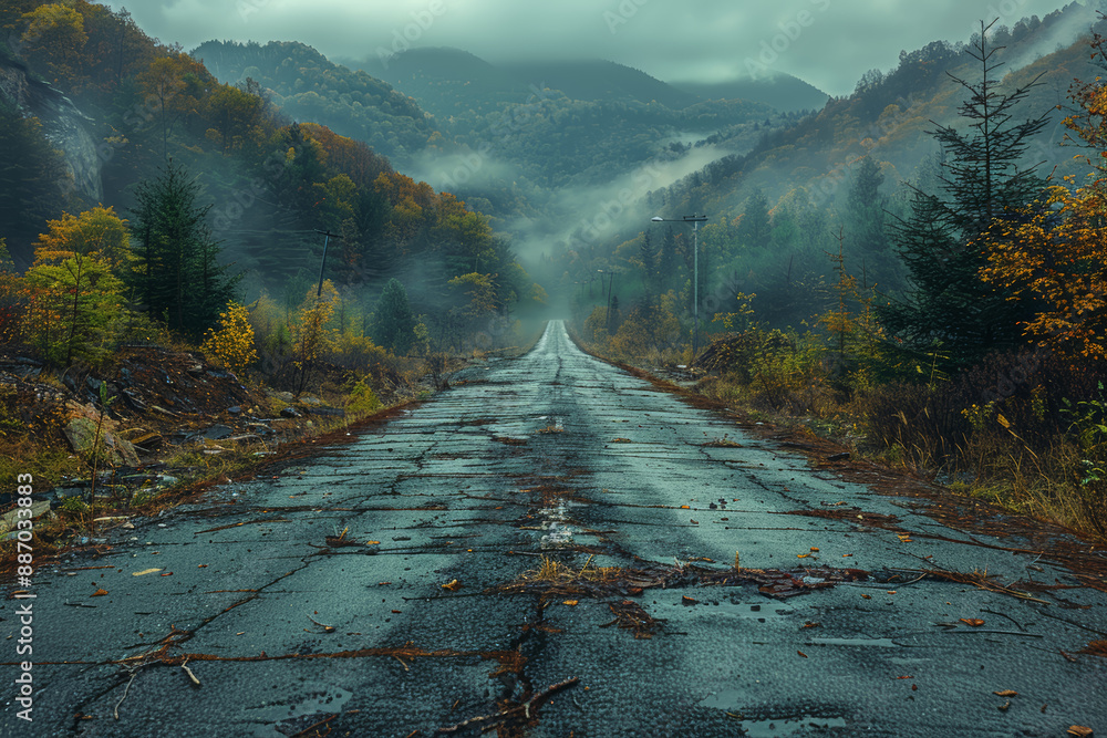 Poster An abandoned highway overtaken by nature, representing the end of civilization. Concept of nature reclaiming human spaces. Generative Ai.