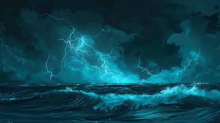 Simplistic dark ocean storm with icy blue lightning, calm waves under a dark turquoise night sky