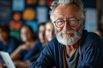 A close-up portrait of a smiling elderly man with white hair, a full beard, and round glasses. He is wearing a denim shirt and sitting in a classroom setting, with blurred students in the background. 