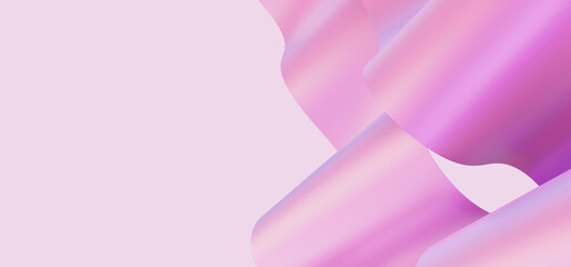 Crumpled holographic pink foil stripes on light pink backdrop. Closeup of smooth neon ribbons folds. 3d render illustration