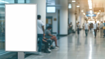 Fototapeta premium Empty whiteboard offering space for advertisement in a hospital hall with blurred patients and medical staff
