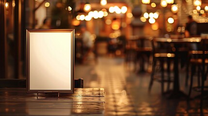 Elegant empty menu is displayed on a table in a busy restaurant, with warm lighting and a blurred background