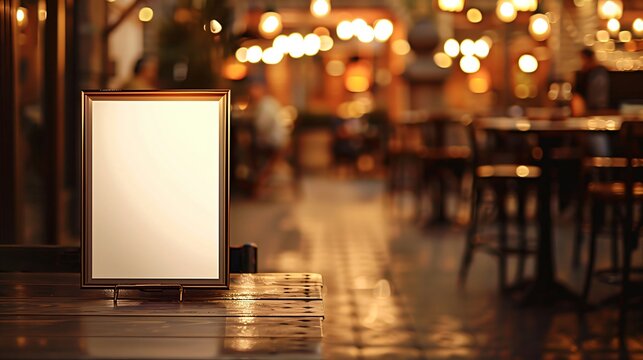 Elegant empty menu is displayed on a table in a busy restaurant, with warm lighting and a blurred background