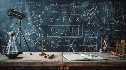 A science classroom featuring a chalkboard filled with scientific equations and diagrams, with lab equipment and educational materials on tables, emphasizing practical learning and experimentation.