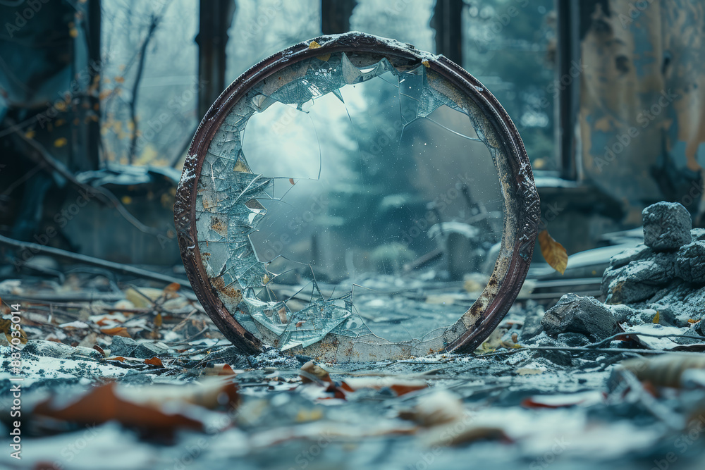 Poster a shattered mirror in an abandoned home, reflecting fragmented memories. concept of loss and self-re