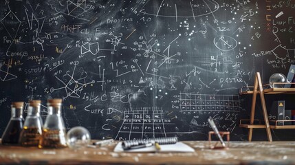 Image showcases a wooden desk cluttered with chemistry glassware, notebooks, and a chalkboard filled with scientific formulas in the background, indicating an active research and study space.