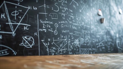 Dense blackboard featuring an extensive collection of scientific equations and geometric figures, symbolizing a rigorous academic setting filled with intense focus on theoretical exploration.