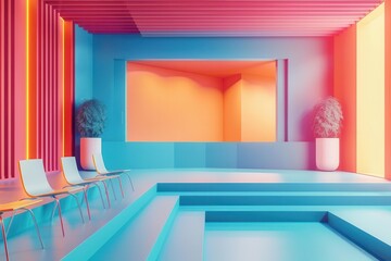 A minimalist modern interior with vibrant blue and orange walls and a large blank screen.
