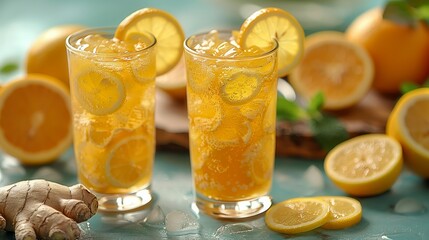 Two glasses of iced tea with lemon slices and ice, surrounded by fresh citrus fruit and a piece of ginger.