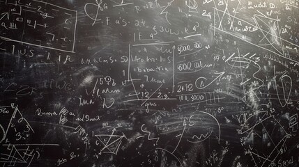 This image captures a complex array of mathematical equations and scientific formulas sprawled across a blackboard, hinting at intense academic and intellectual effort and exploration.
