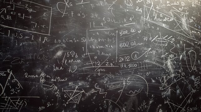 This image captures a complex array of mathematical equations and scientific formulas sprawled across a blackboard, hinting at intense academic and intellectual effort and exploration. - Powered by Adobe
