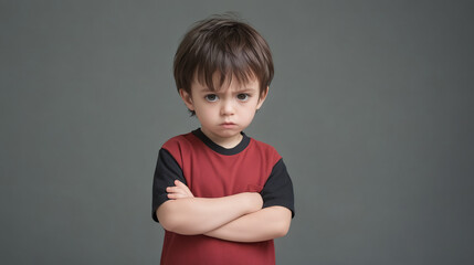 A very upset and agitated child crosses his arms and is in a bad mood and angry at something and shows a grim facial expression or shouts loudly