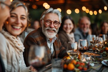 A joyful senior man with a gray beard and glasses smiling warmly at an outdoor dinner gathering. He is surrounded by family members, creating a cozy and festive atmosphere.