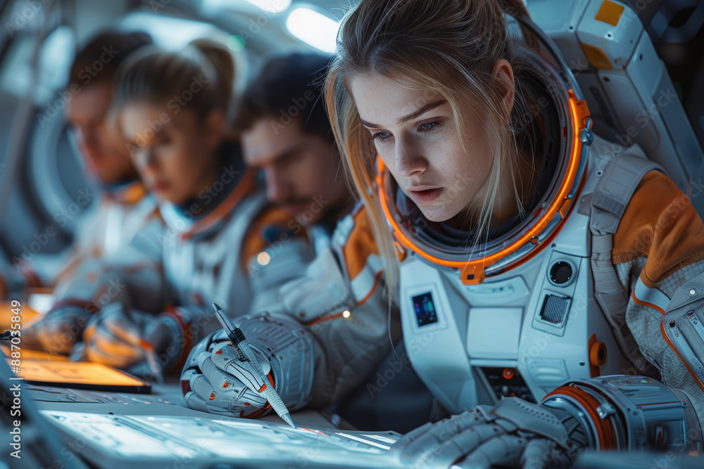 Poster a team of scientists analyzing data in a space station, showcasing collaboration. concept of teamwor