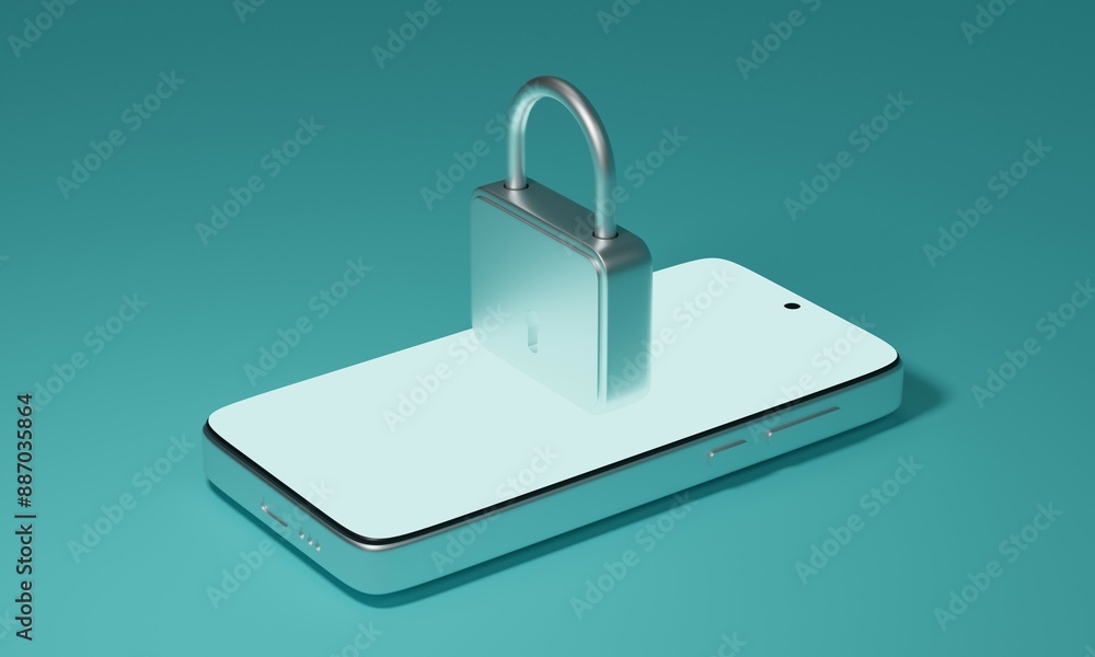Poster mobile phone and lock. information security concept. 3d rendering