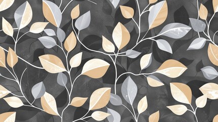 A seamless pattern of abstract watercolor leaves in shades of beige and gray, on a black background SEAMLESS PATTERN