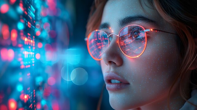 Young Woman with Glasses Reflecting Digital Data, Perfect for Technology and Innovation Themes, Neon and Futuristic Color Palette