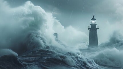 Simplistic lighthouse during a tempest, giant waves, pastel yellow and grey, ultra HD quality