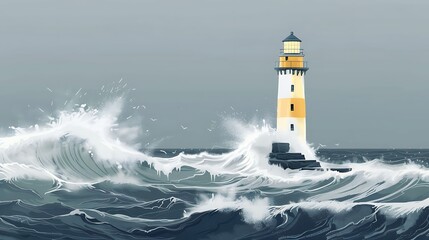 Simplistic lighthouse during a tempest, giant waves, pastel yellow and grey, ultra HD quality