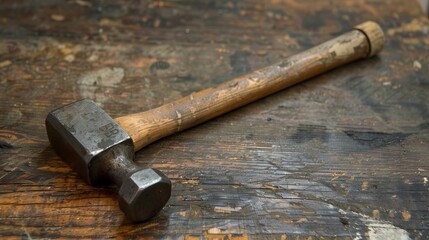 An old, well-worn hammer lies on a rustic wooden workbench, showcasing signs of heavy use and age, symbolizing hard work and crafting over time.