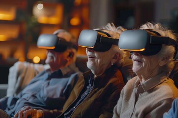 A group of senior individuals sitting together on a couch, fully engaged in a virtual reality experience.