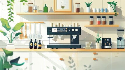 A bright kitchen environment showcasing an advanced coffee machine, complemented by various kitchen items like utensils, spices, and greenery, creating an efficient workspace.