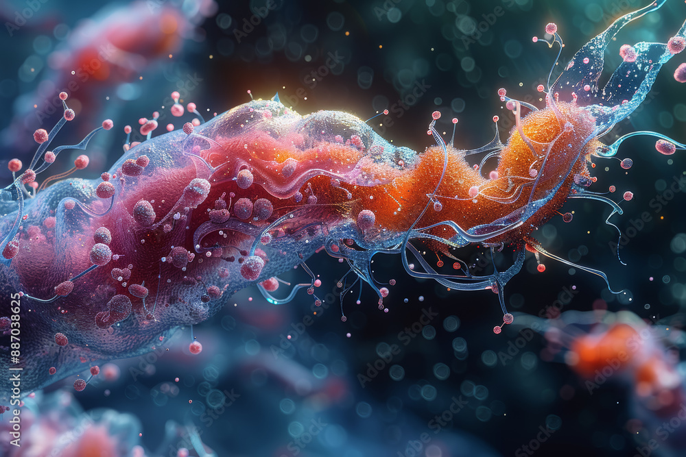 Poster a microscopic view of a single cell dividing, showcasing the complexity of life. concept of biology 