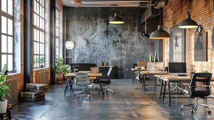 A stylish office space designed with industrial elements, featuring exposed brick walls, black decor, and ample natural light creating a chic environment.