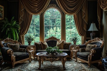 Fototapeta premium Elegant Formal Sitting Room With Antique Furniture and Large Windows Overlooking Lush Greenery
