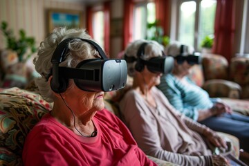 A group of elderly women sitting on a couch, each wearing a VR headset and holding a controller, engaged in a virtual reality experience.