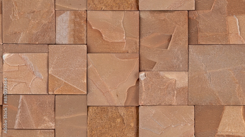 Poster a close-up shot of a wall made of red sandstone blocks. the blocks are stacked horizontally and have