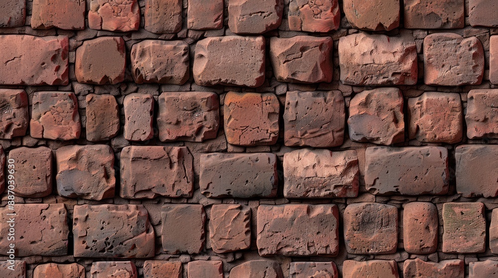 Poster a close-up shot of a wall made of red sandstone blocks. the blocks are stacked horizontally and have
