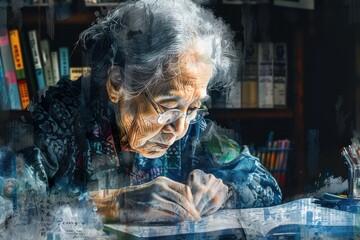 Fototapeta premium A grandmother engrossed in reading a book while working, capturing a moment of serene focus and wisdom.