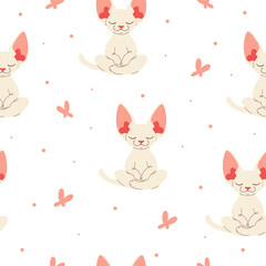 Seamless vector pattern. Cute sphinx in lotus pose meditating, butterflies . Vector illustration