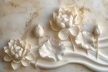 There is a stucco sculpture of lotus flowers on the wall of a bedroom.