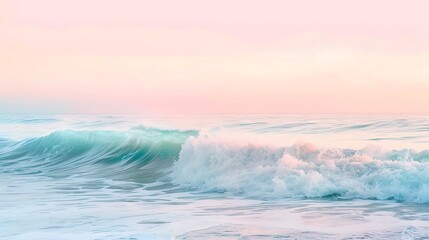 Fototapeta premium Soft-focus photography of waves in misty shades of periwinkle and seafoam, blending with a pastel rainbow sky of blush pink and mint green.