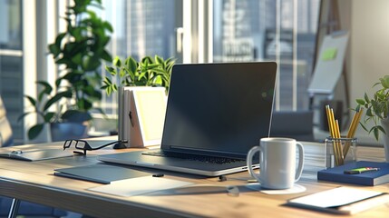 Fototapeta premium Bright modern office space with a laptop on a wooden desk, plants, stationery, and morning sunlight streaming in, creating an inspiring and productive work environment.
