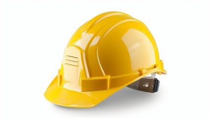 Fototapeta premium A yellow construction helmet shown from a side angle, placed against a clean white background, highlighting its design and safety features.