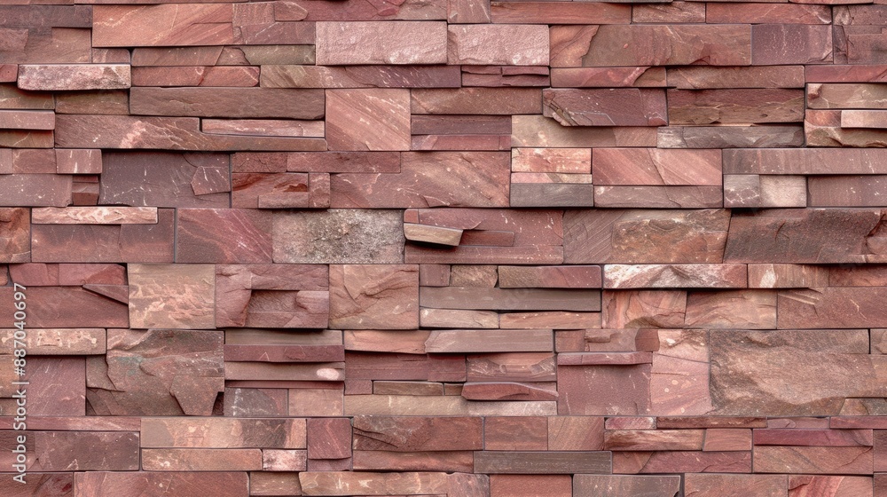 Poster a close-up shot of a wall made of red sandstone blocks. the blocks are stacked horizontally and have